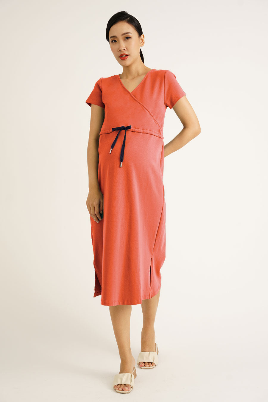 Overlap Drawstring Nursing Dress