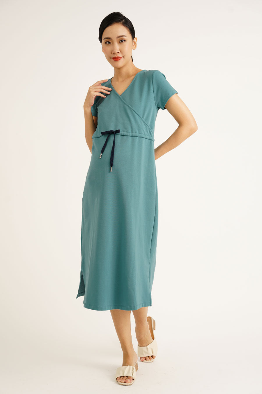 Overlap Drawstring Nursing Dress
