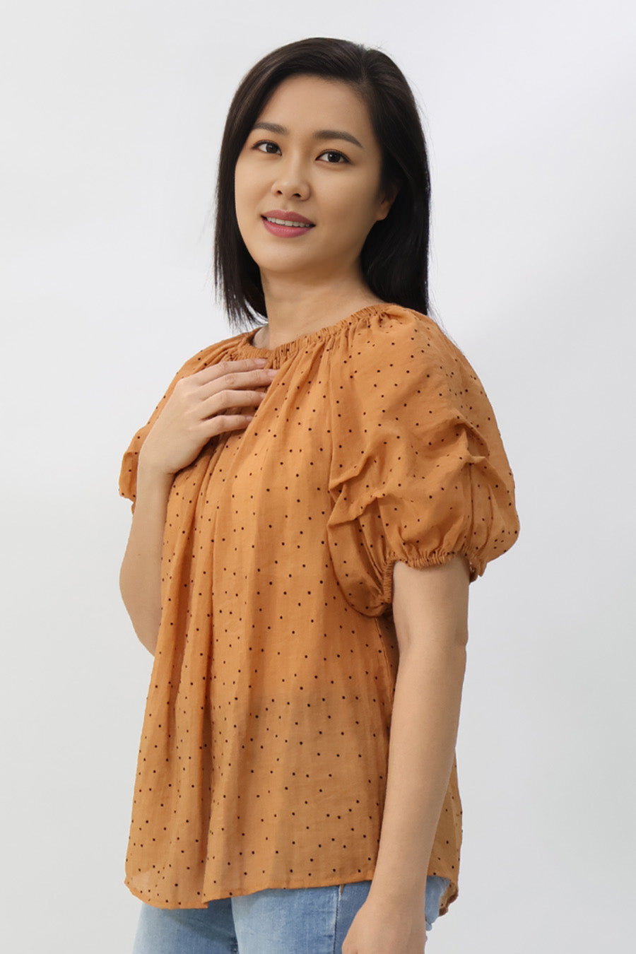 Orange Puff Sleeves Elastic Neckline Blouse