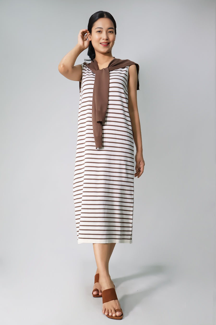 Striped Midi Knit Dress with Scarf