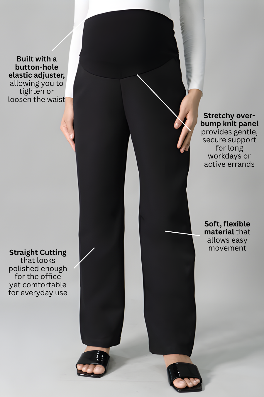 key features straight leg maternity pants with soft knit bump panel