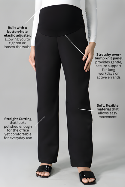 key features straight leg maternity pants with soft knit bump panel
