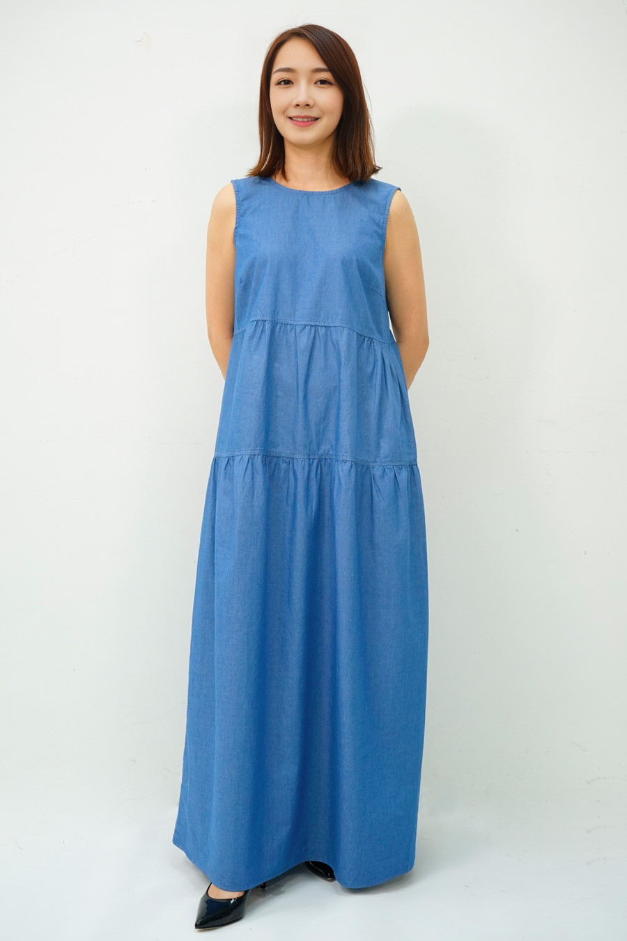 Tiered Maternity Denim Maxi Dress