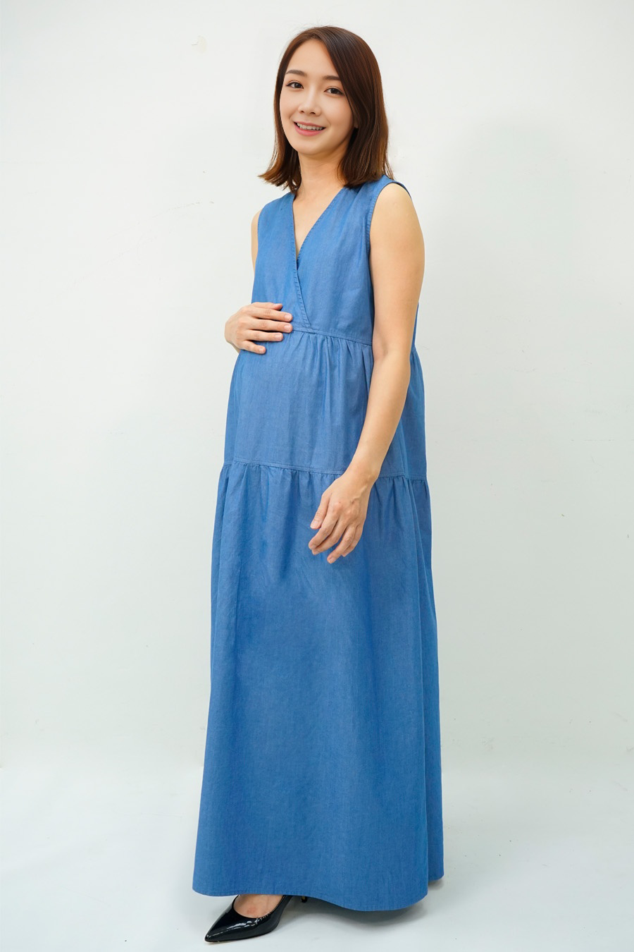 Tiered Maternity Denim Maxi Dress