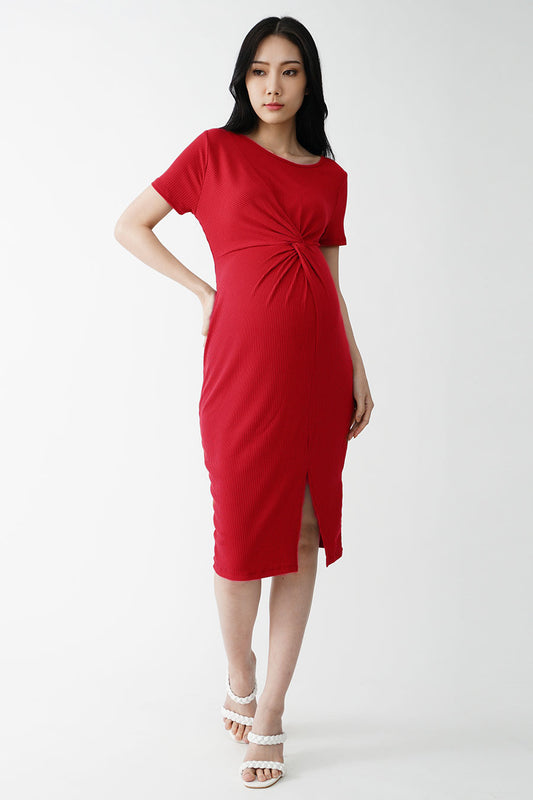Front Twist Maternity Midi Ribbed Dress