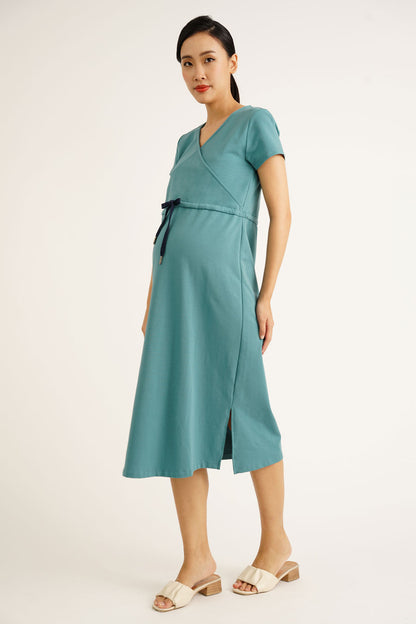 Overlap Drawstring Nursing Dress