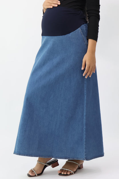 Maternity Full Panel Denim Maxi Skirt