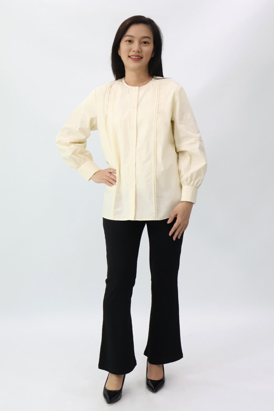 Cream Long Sleeve Pleated Shirt