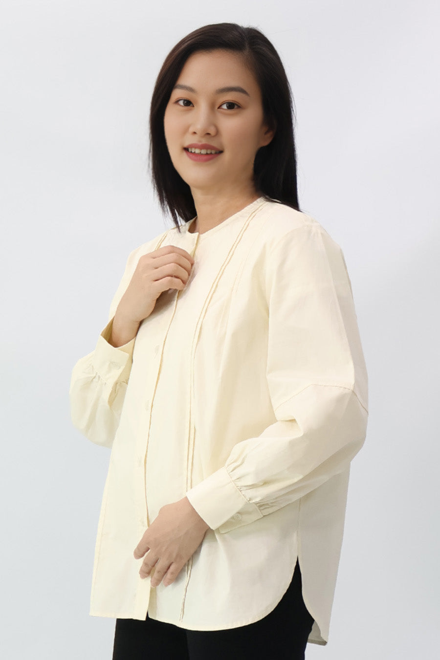 Cream Long Sleeve Pleated Shirt