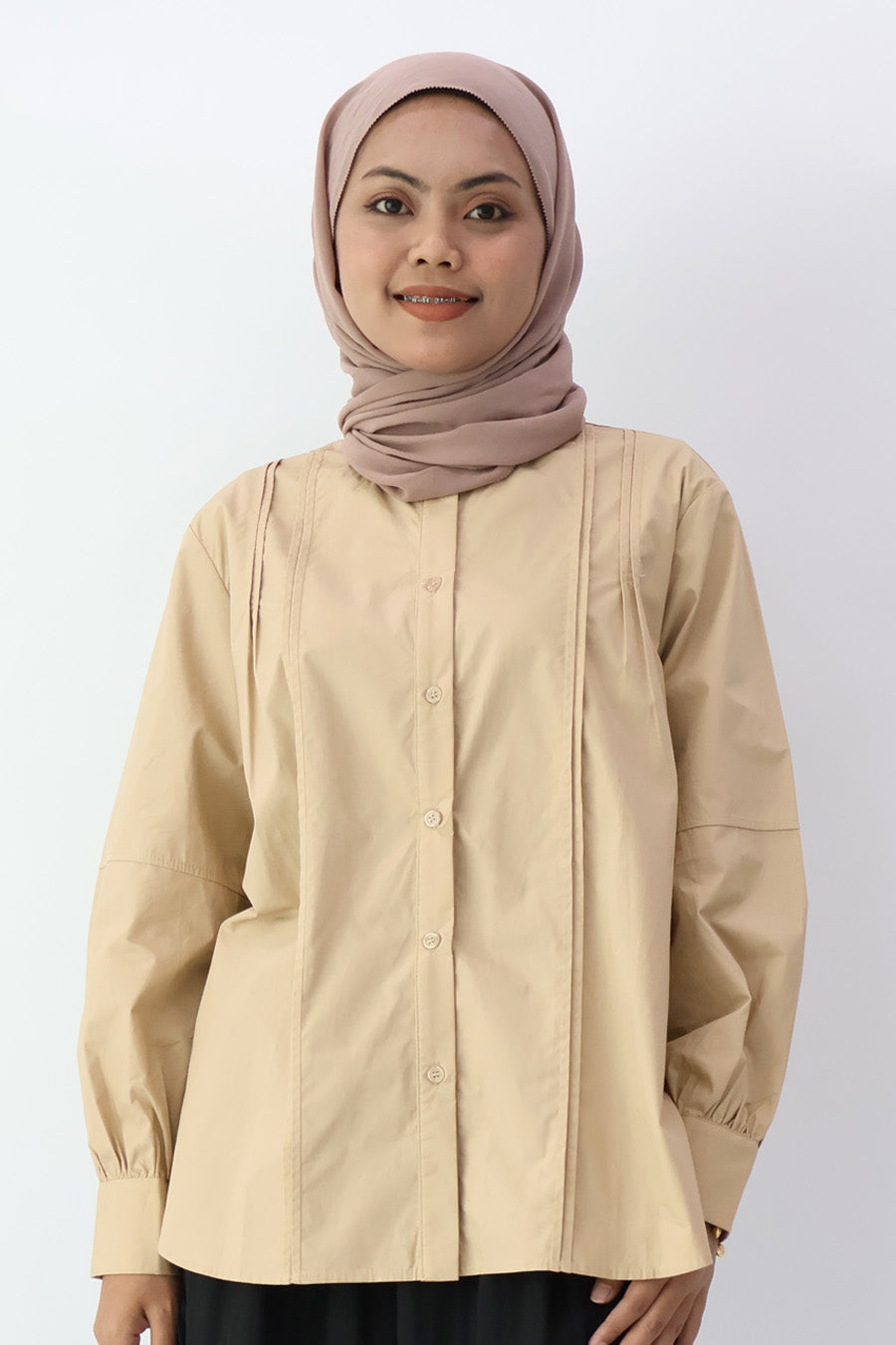 Khaki Long Sleeve Pleated Shirt