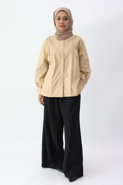 Khaki Long Sleeve Pleated Shirt