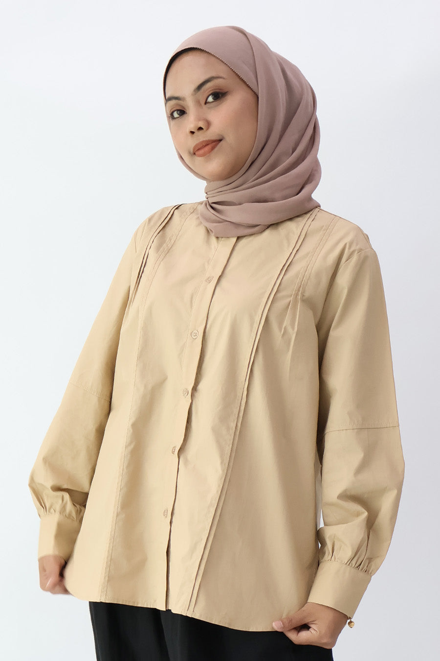 Khaki Long Sleeve Pleated Shirt