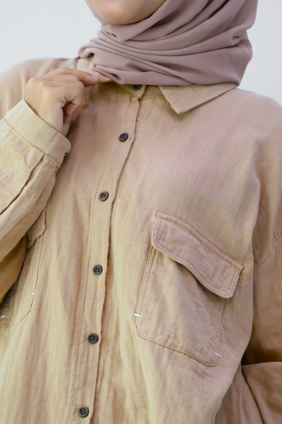 Khaki Long Sleeve Front Pockets Shirt