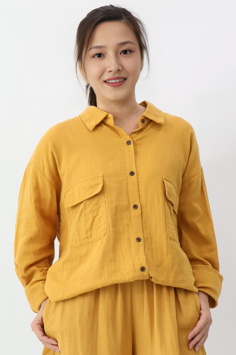 Yellow Long Sleeve Front Pockets Shirt