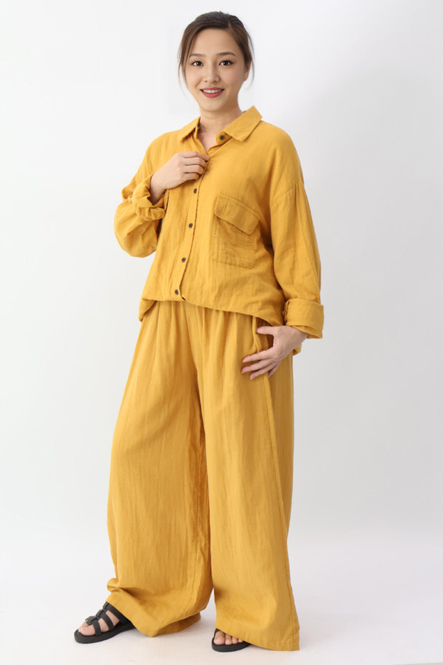 Yellow Long Sleeve Front Pockets Shirt