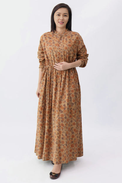 Brown Drawstring Waist Long Dress