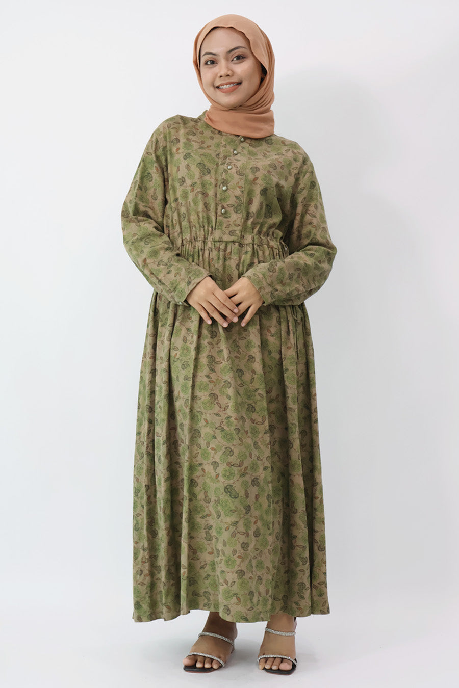 Olive Drawstring Waist Long Dress