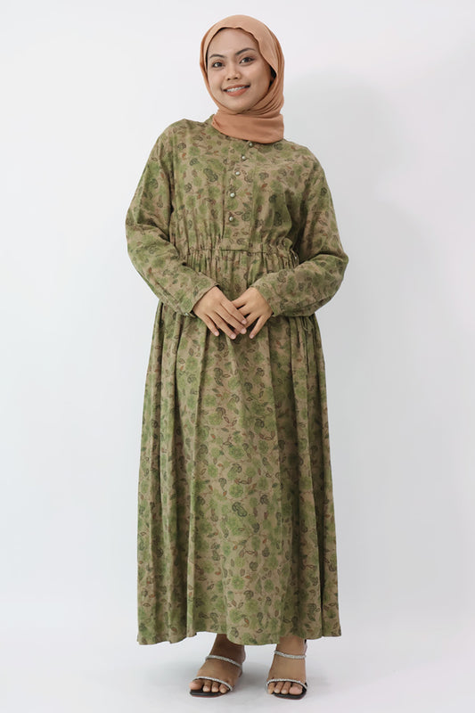 Olive Drawstring Waist Long Dress