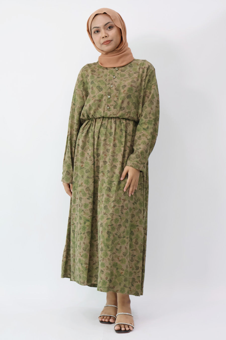 Olive Drawstring Waist Long Dress