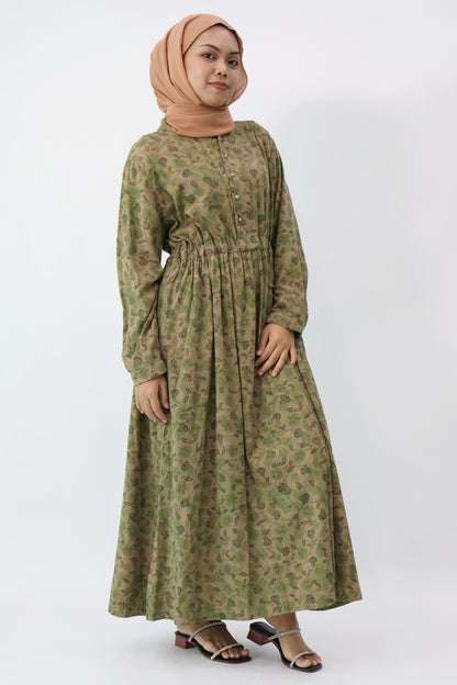 Olive Drawstring Waist Long Dress