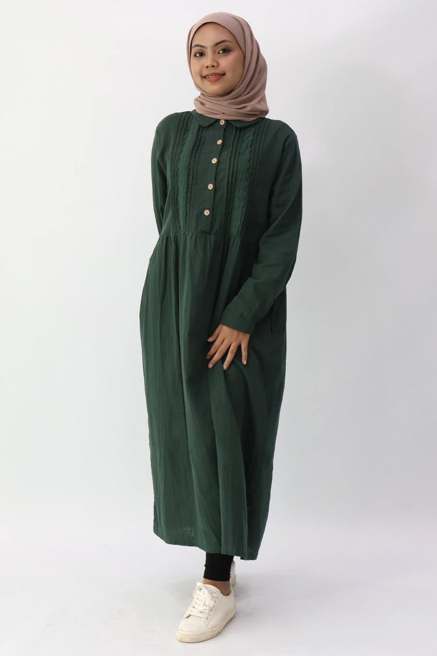 Green Collar Pintuck Long Dress