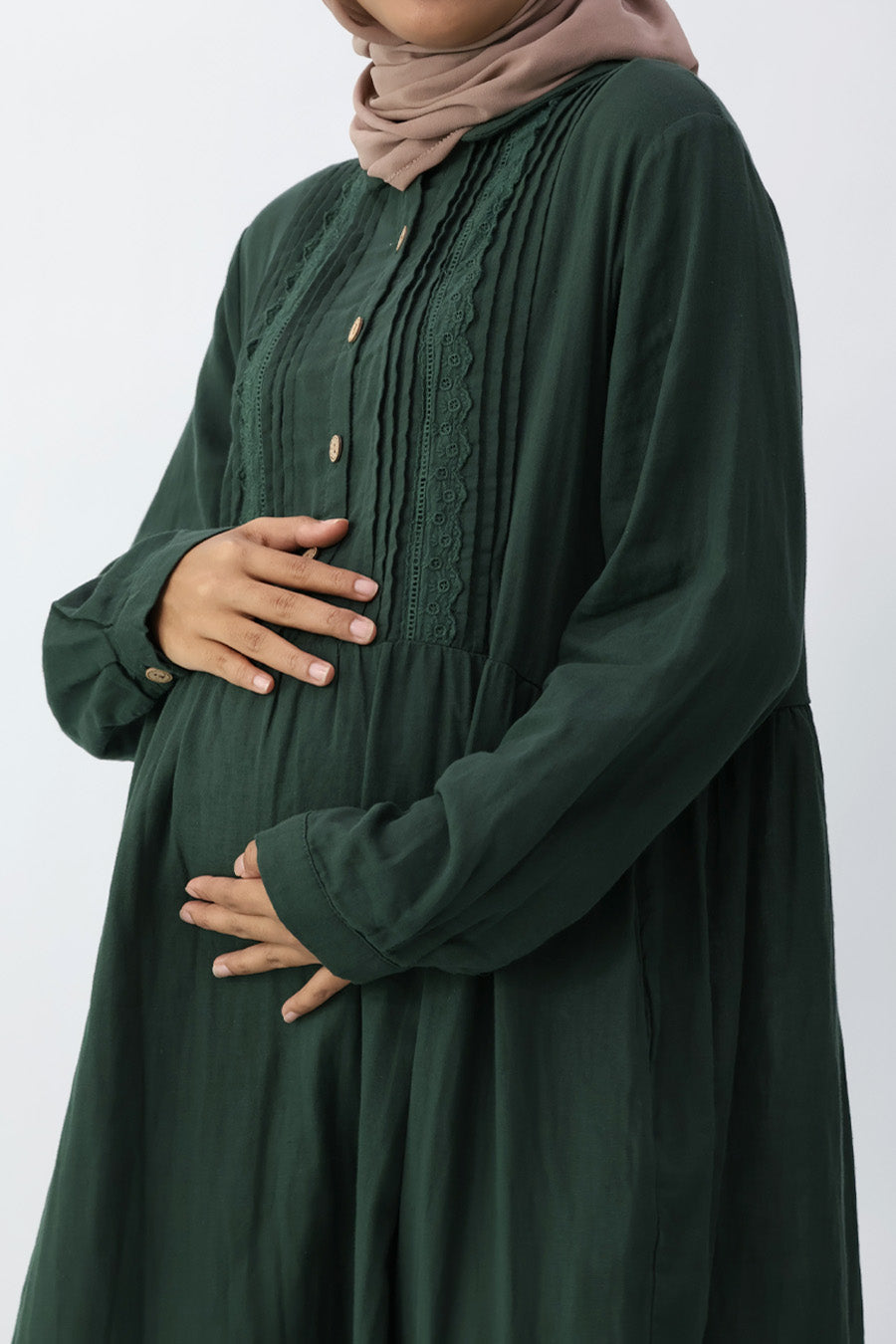 Green Collar Pintuck Long Dress