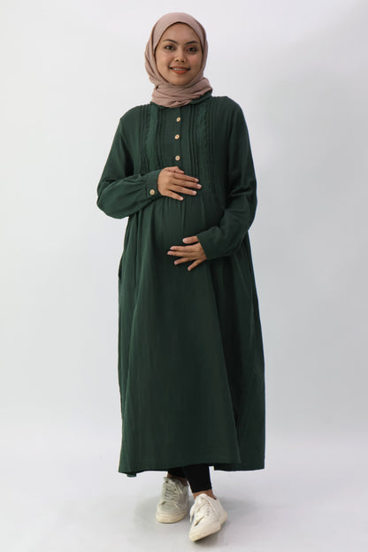 Green Collar Pintuck Long Dress