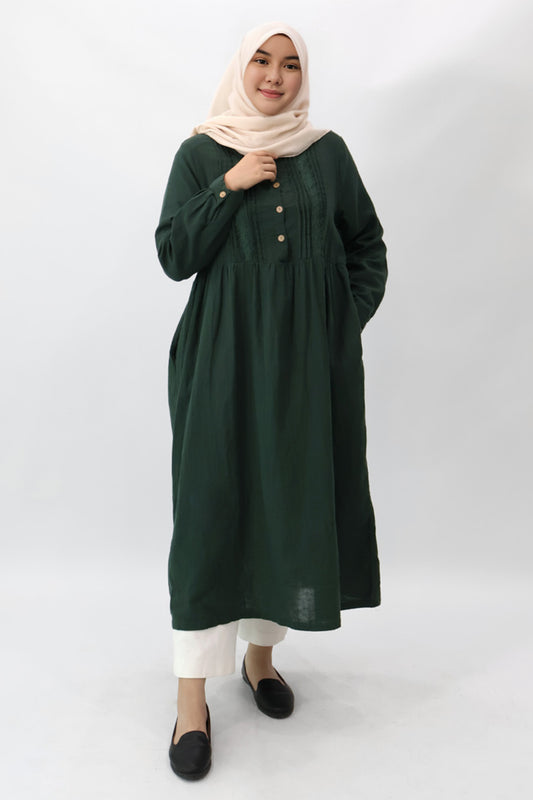 Green Collar Pintuck Long Dress