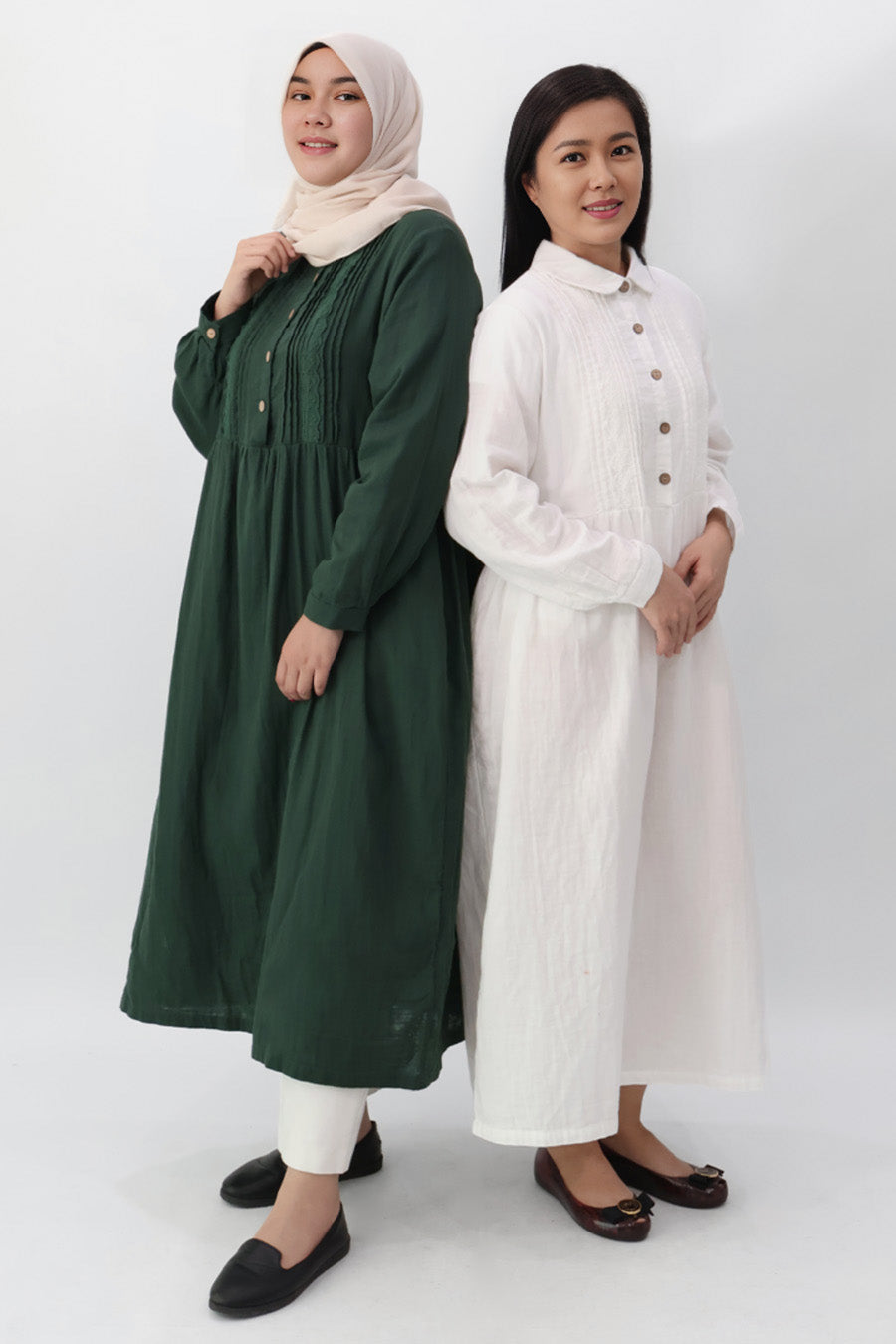 Green Collar Pintuck Long Dress