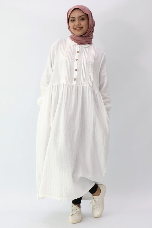 White Collar Pintuck Long Dress