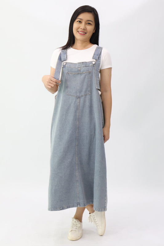 Blue Denim Pinafore Midi Dress