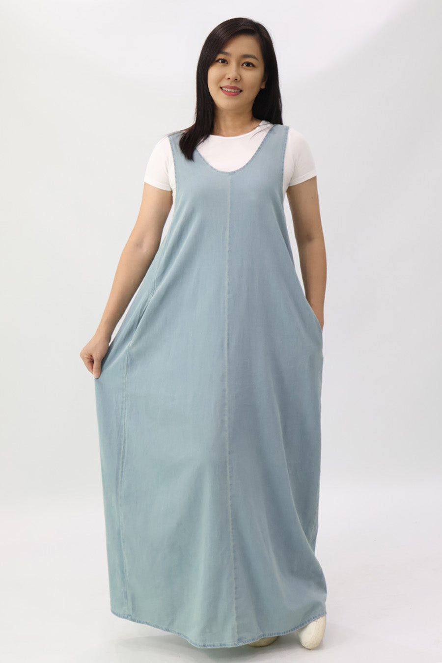 Light Blue Low Back Denim Maxi Dress