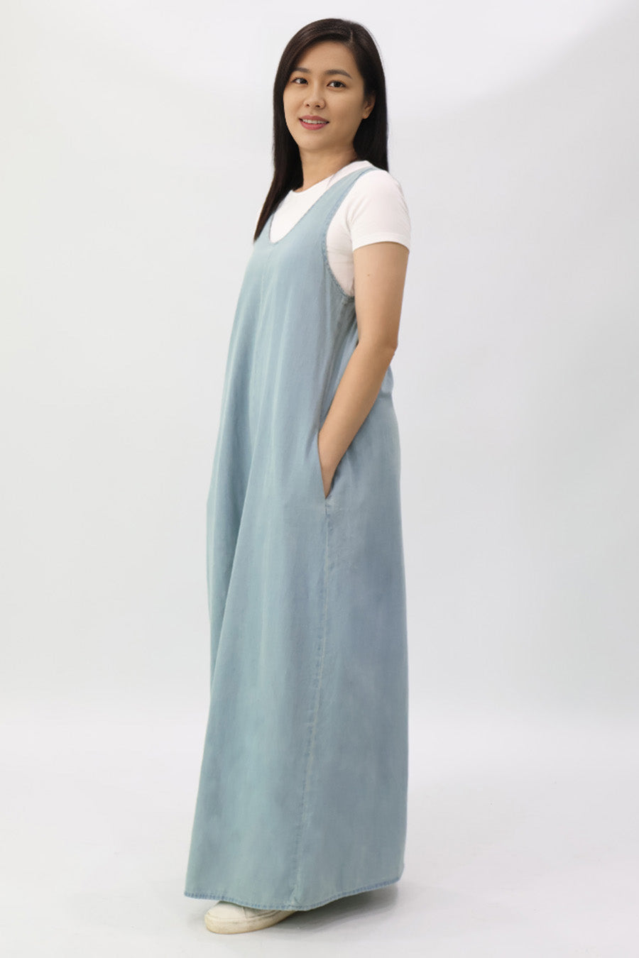 Light Blue Low Back Denim Maxi Dress