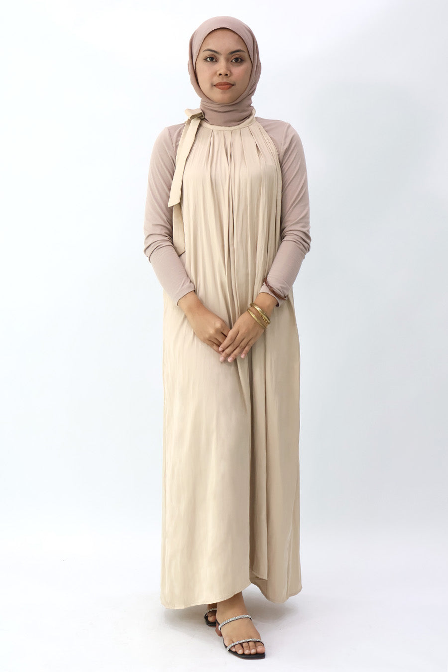 Neutral Tiered Halter Long Dress