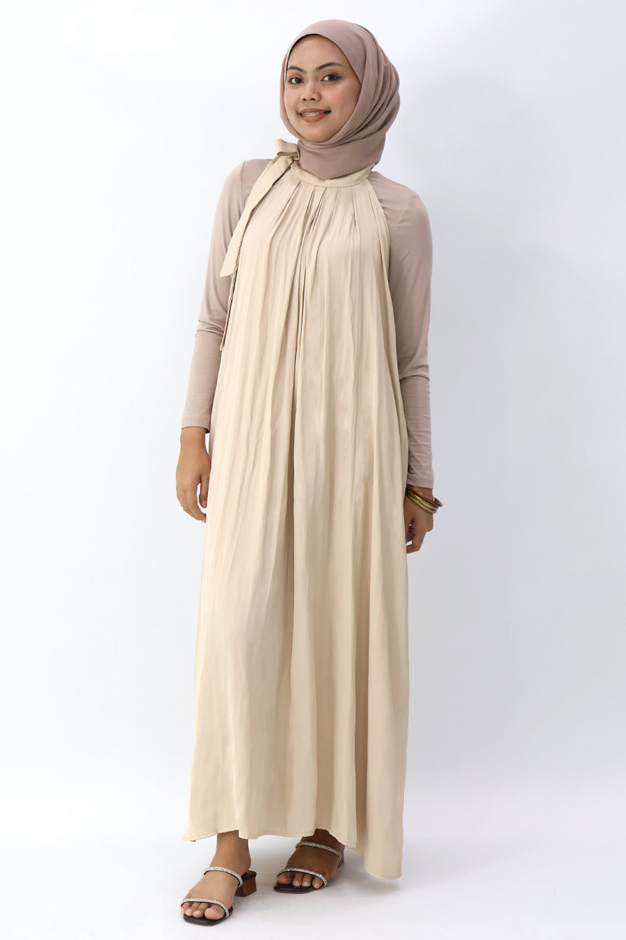 Neutral Tiered Halter Long Dress