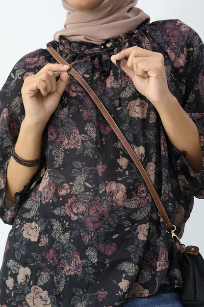 Black Drawstring Neckline Floral Printed Blouse