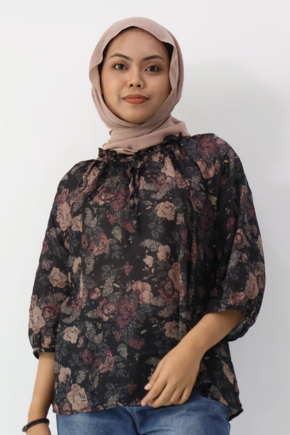 Black Drawstring Neckline Floral Printed Blouse