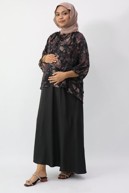 Black Drawstring Neckline Floral Printed Blouse