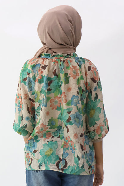 Green Drawstring Neckline Floral Printed Blouse