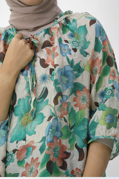 Green Drawstring Neckline Floral Printed Blouse