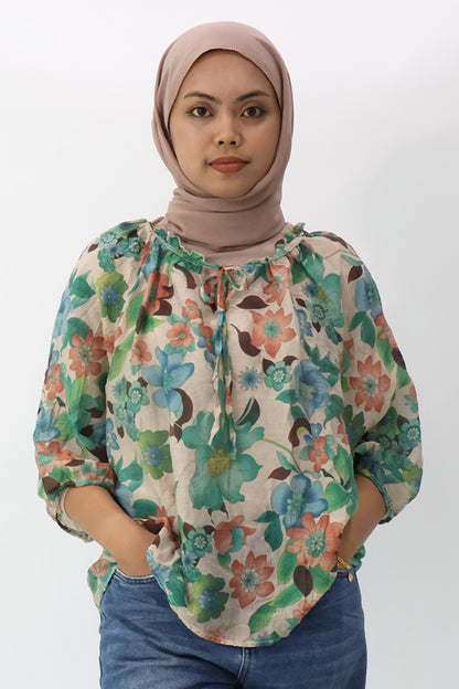 Green Drawstring Neckline Floral Printed Blouse