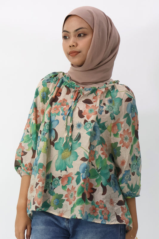 Green Drawstring Neckline Floral Printed Blouse