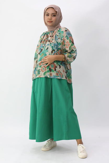 Green Drawstring Neckline Floral Printed Blouse