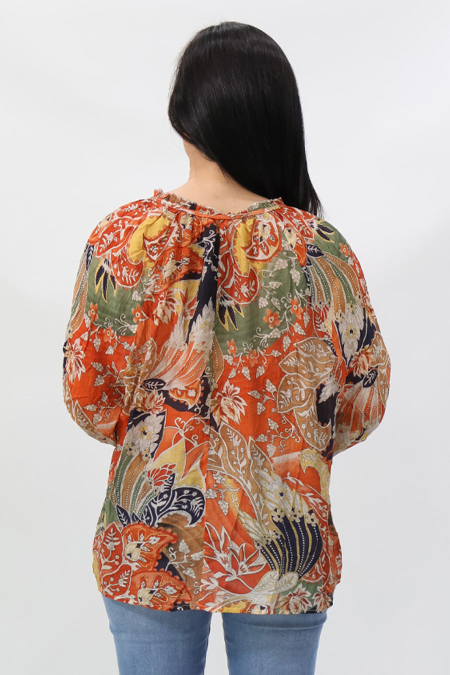 Orange Drawstring Neckline Floral Printed Blouse