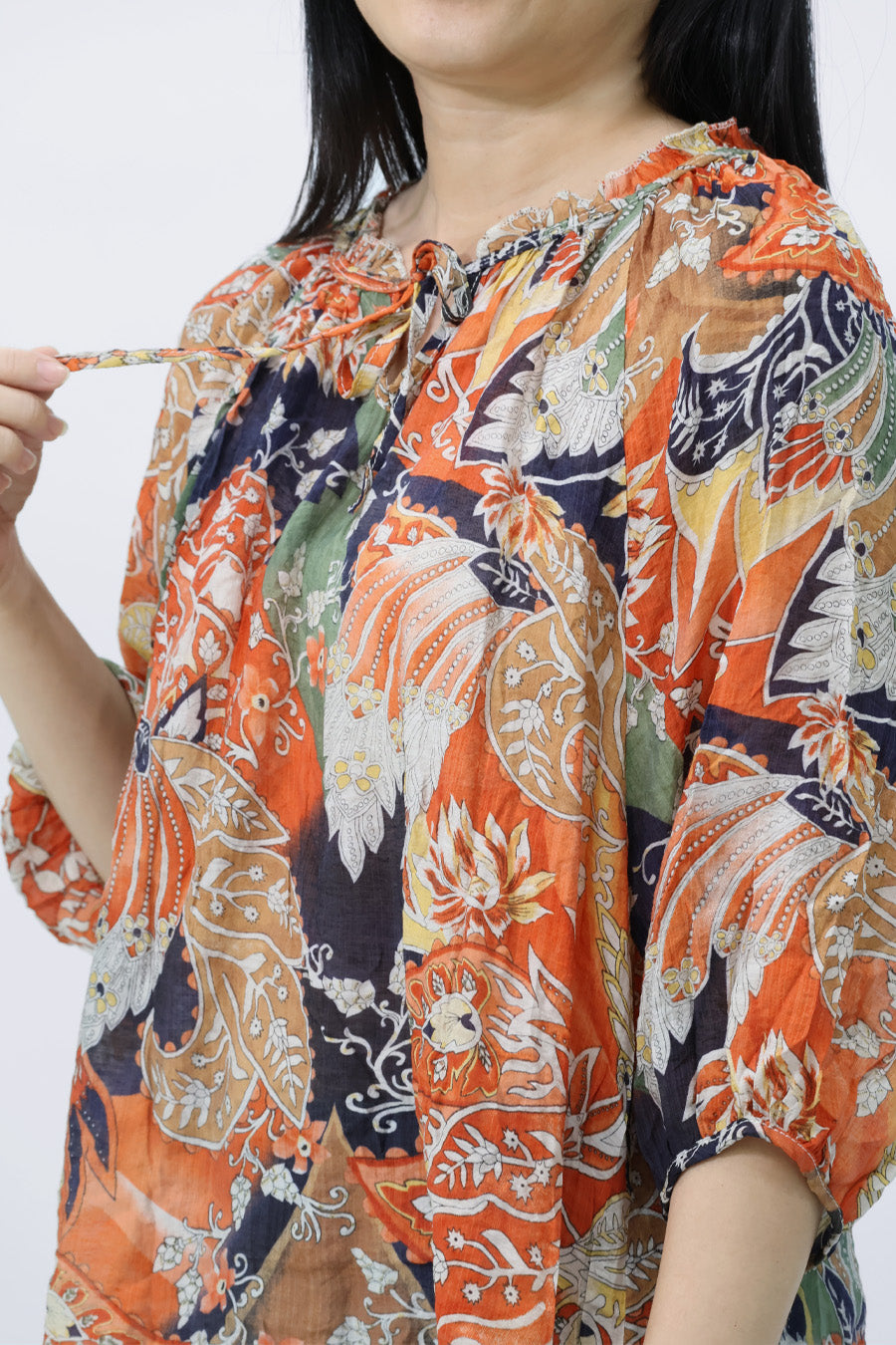 Orange Drawstring Neckline Floral Printed Blouse