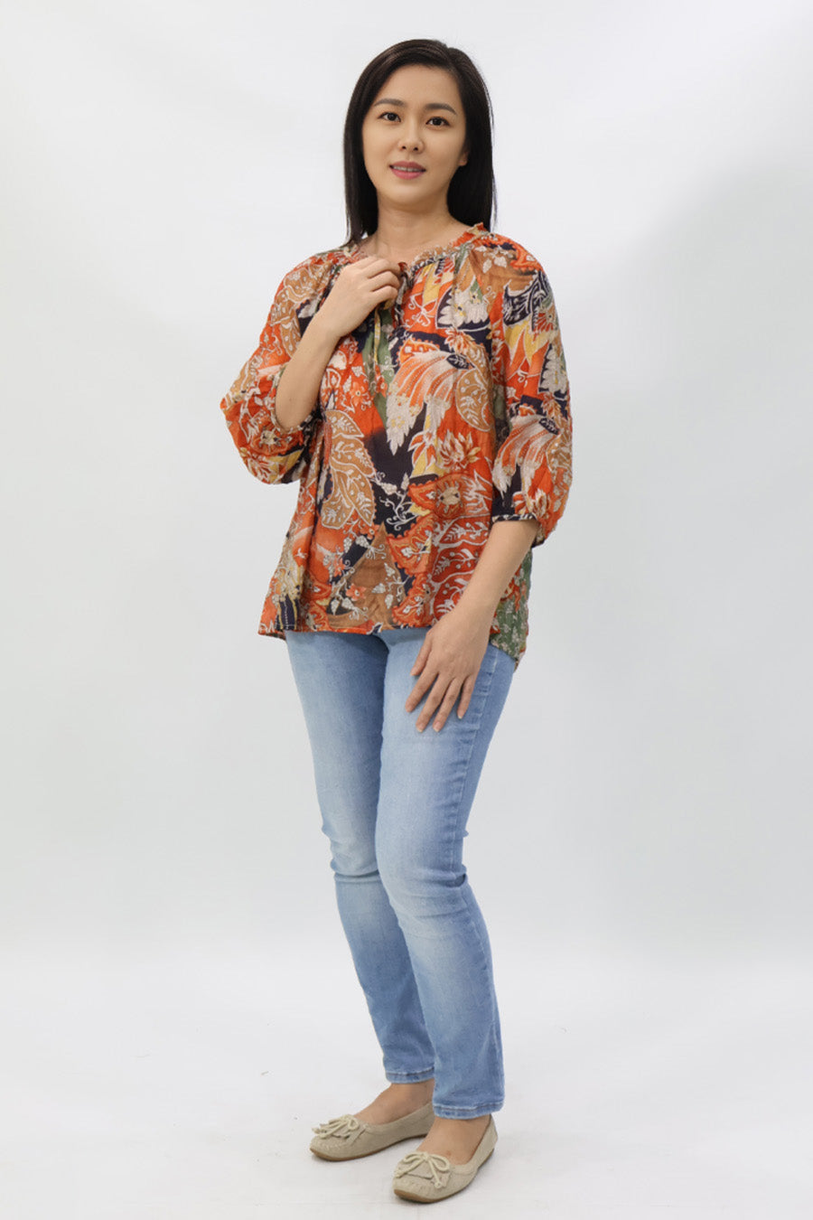 Orange Drawstring Neckline Floral Printed Blouse