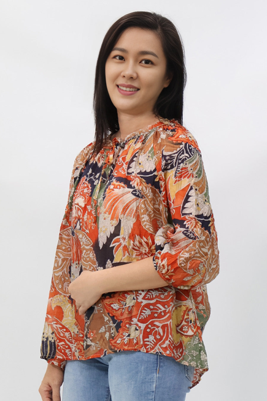 Orange Drawstring Neckline Floral Printed Blouse