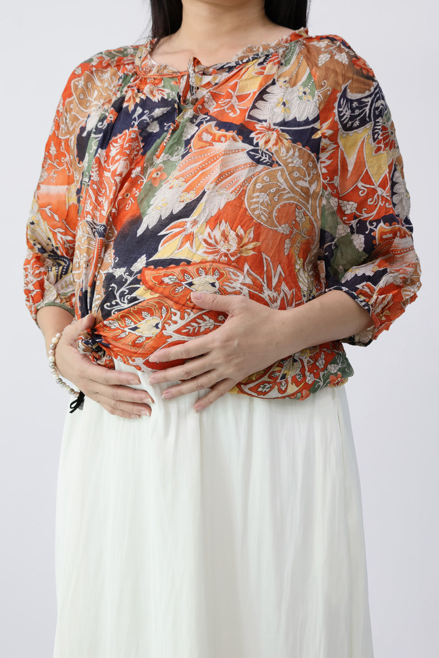 Orange Drawstring Neckline Floral Printed Blouse