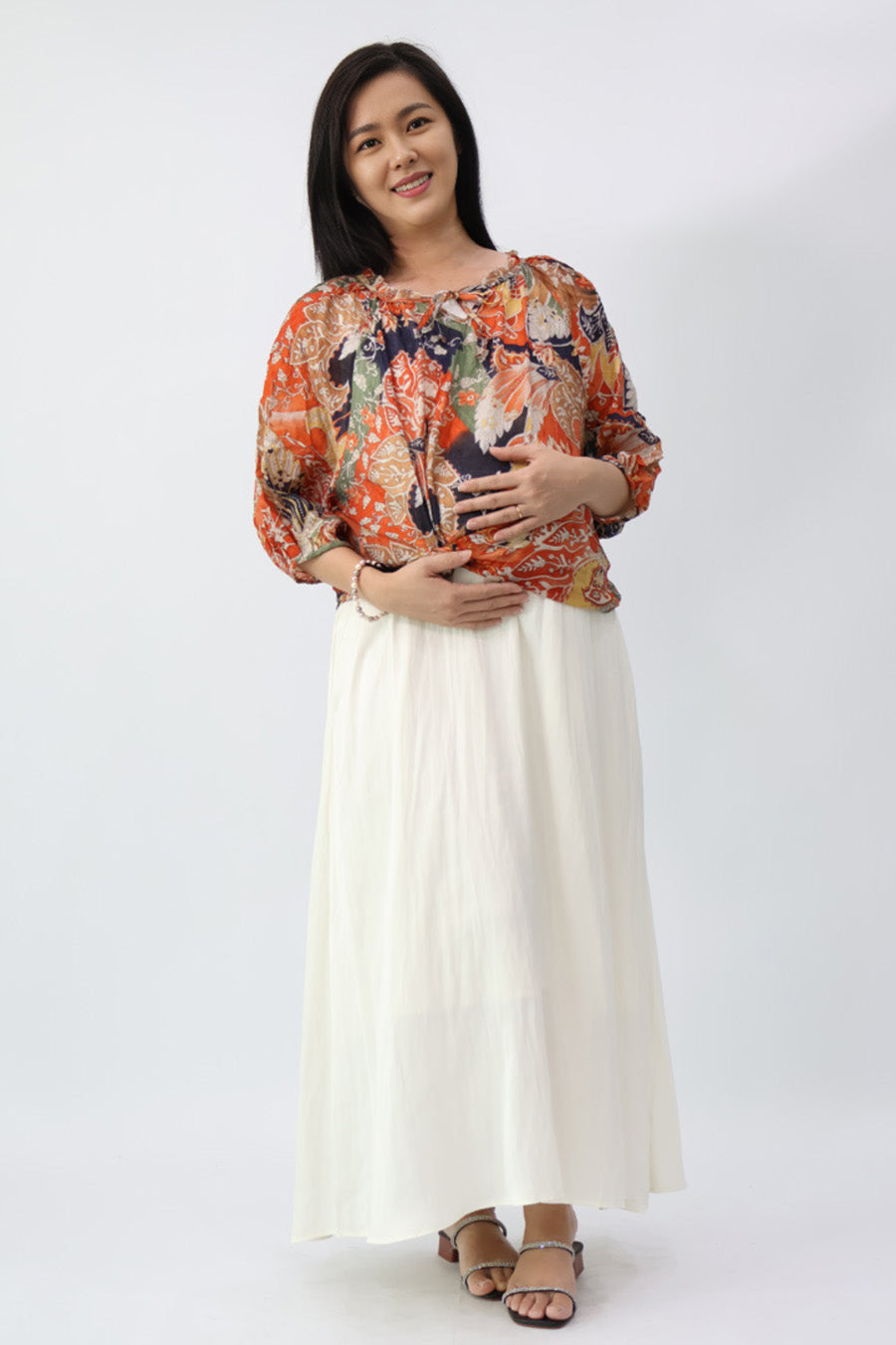 Orange Drawstring Neckline Floral Printed Blouse