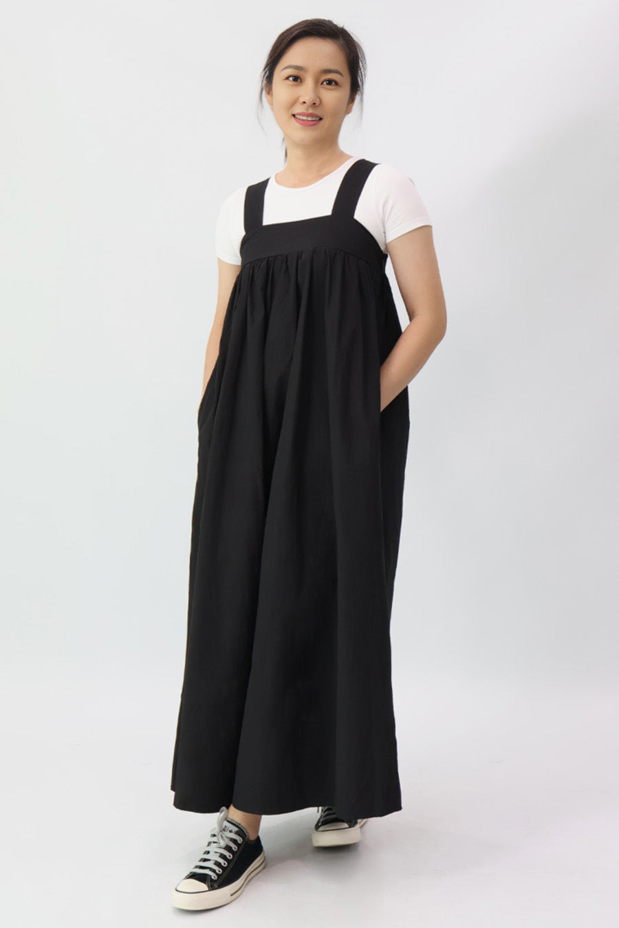 Black Solid Square Neck Long Dress